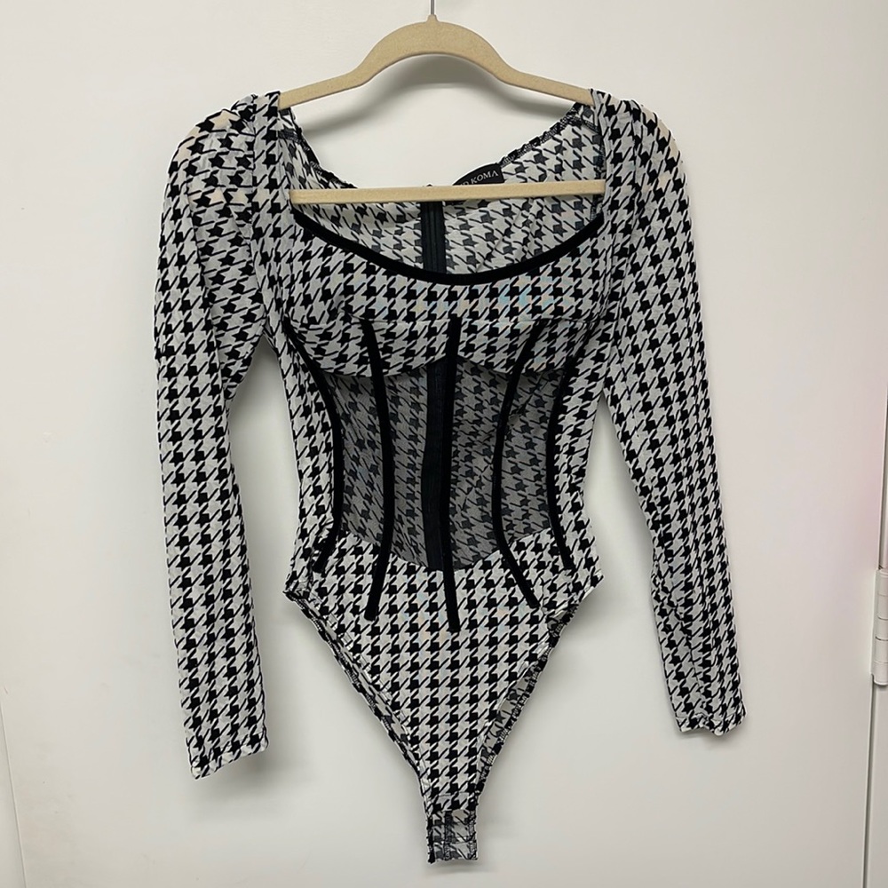 DAVID KOMA Houndstooth Net Corset Bodysuit
